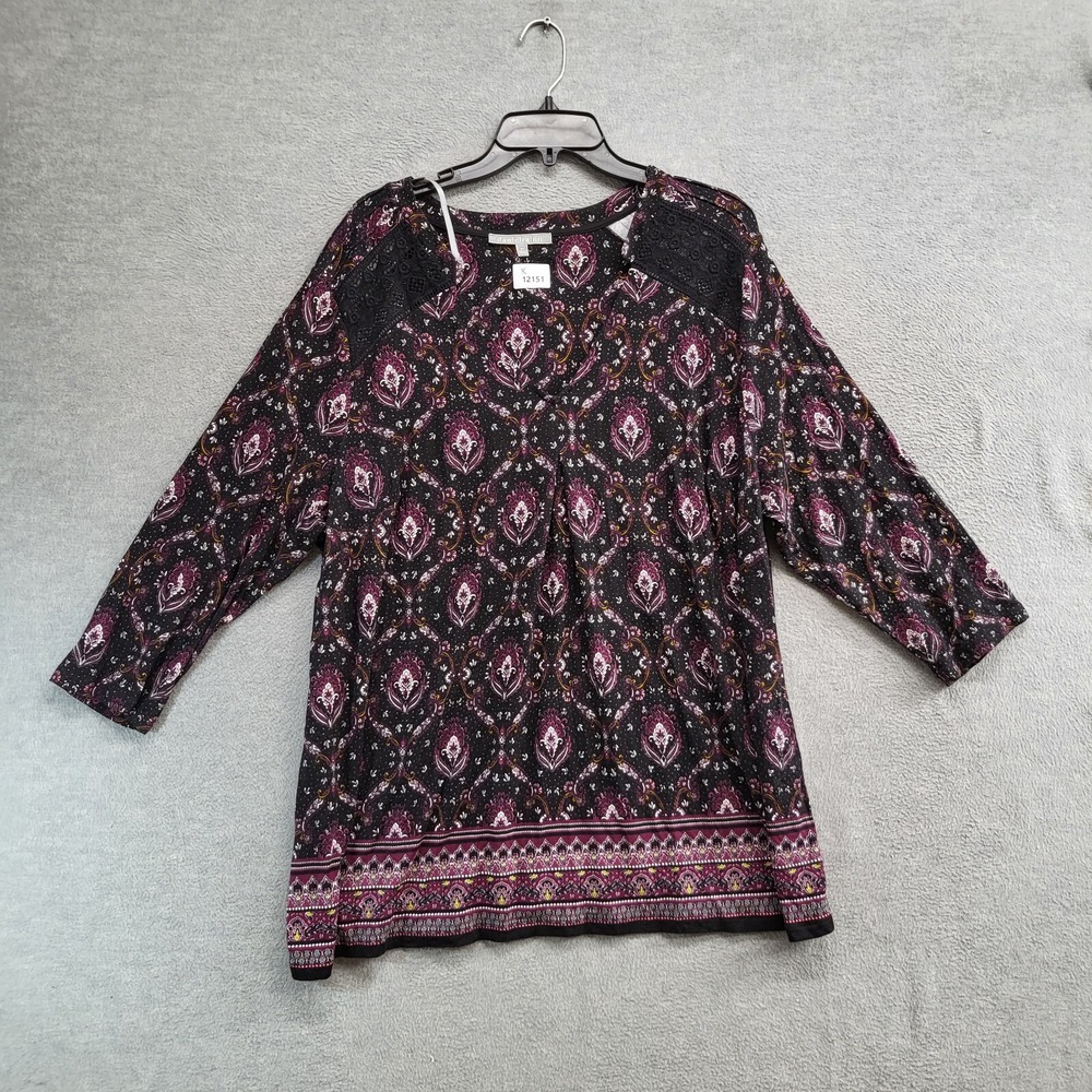 Daniel Rainn Women Top 2X Black Paisley Blouse Lace Knit Long Sleeve Pullover